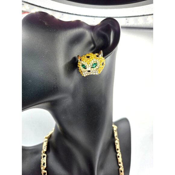 Vintage Golden Leopard necklace and pierced earrings set Emerald Green eyes 20" - Picture 3 of 10